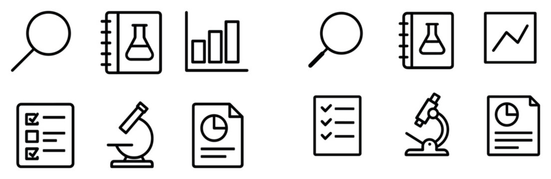 Science icons with microscope flask notebook outline