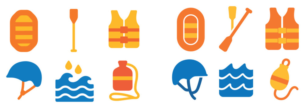 Safety icons with lifejacket raft paddle flat