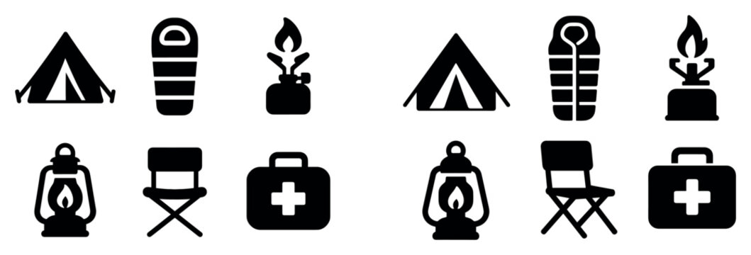 Camping icons with tent sleeping bag lantern minimal