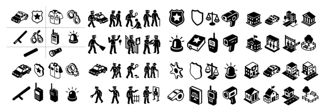 Police equipment and activities icon set
