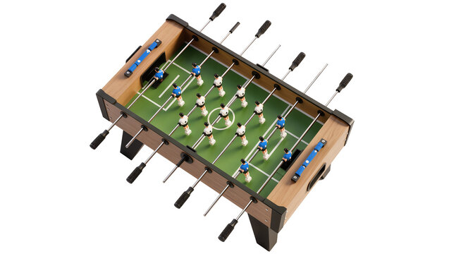 Wooden tabletop foosball game with miniature figures and rods