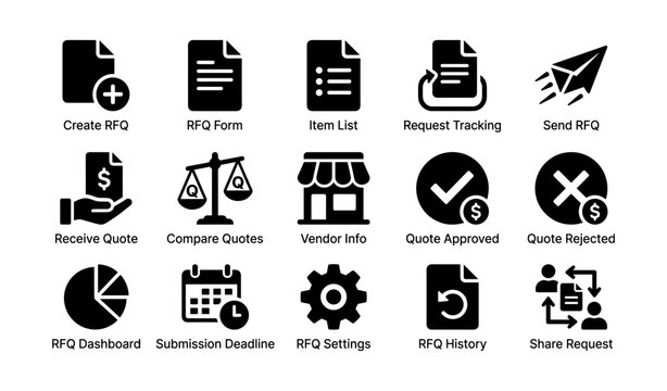 Rfq icons representing procurement workflow on white background