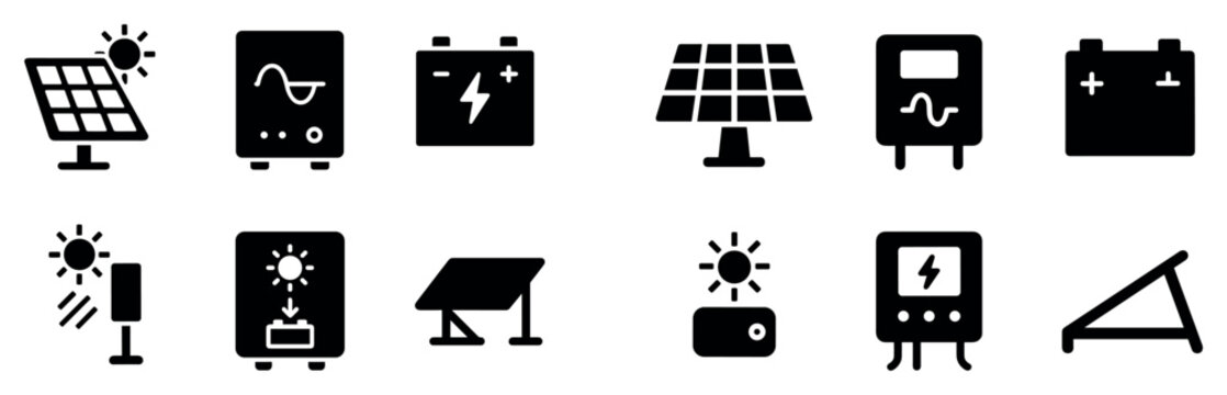 Solar icons with panel inverter battery flat