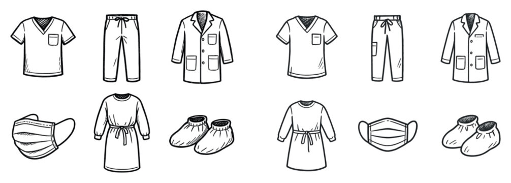 Medical icons with scrubs mask gown outline