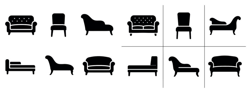 Furniture icons with sofa chaise chair silhouette