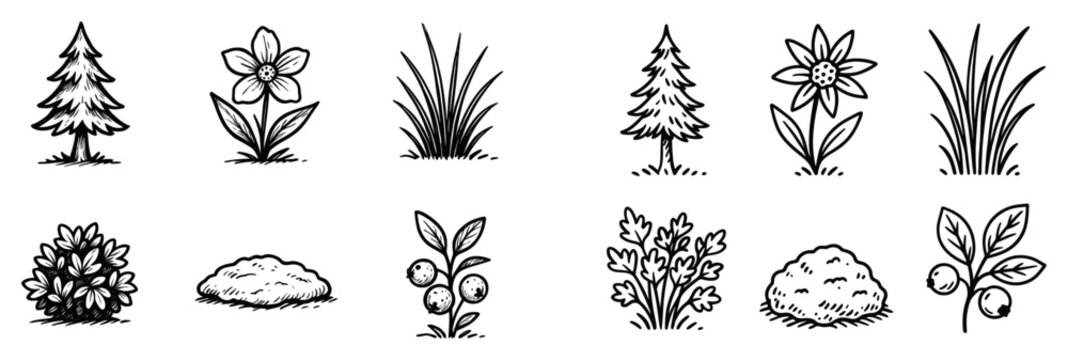 Garden icons with pine tree flower grass sketch