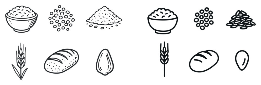 Grain food icons with rice wheat bread outline