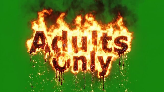 Adults Only, Flaming Text, Warning Sign, Burning Letters, Green Background ai 4k Video