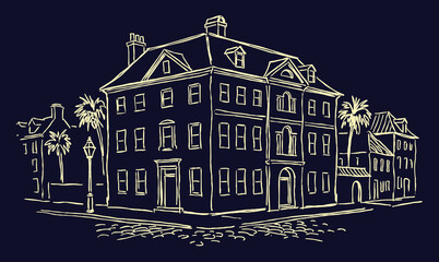 Vector line art of a vintage building.Old Building In Charleston City. © Avartde