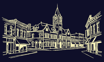 Vector line art of a vintage building. Old Building In Cheyenne City. © Avartde