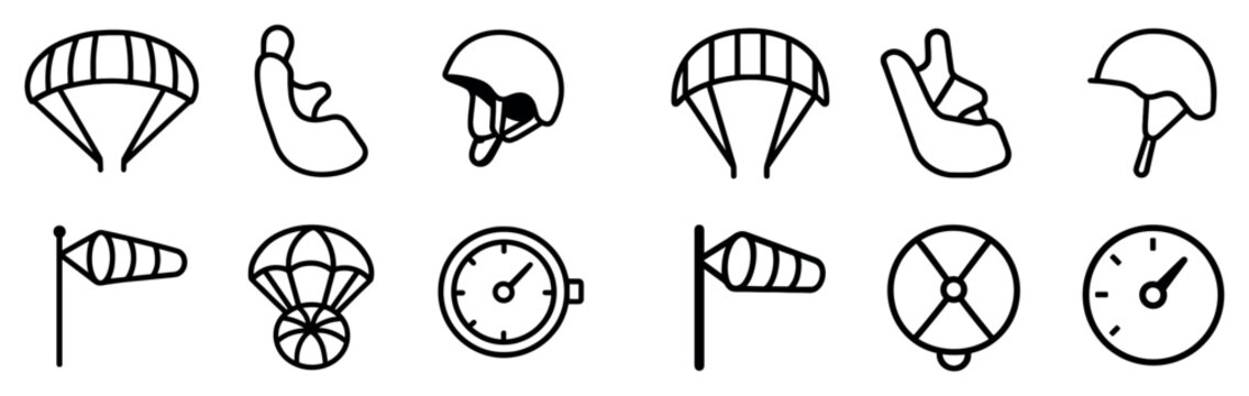 Skydiving icons with parachute helmet windsock outline