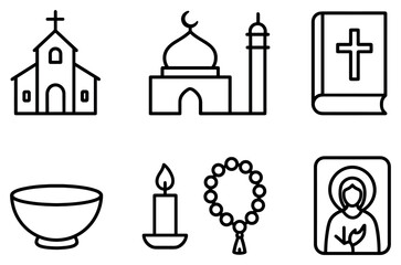 Fototapeta premium Religion icons with church mosque bible outline