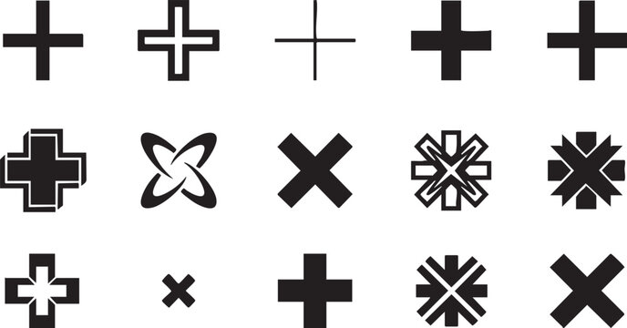 Collection of various black cross and asterisk symbols on transparent background for design.