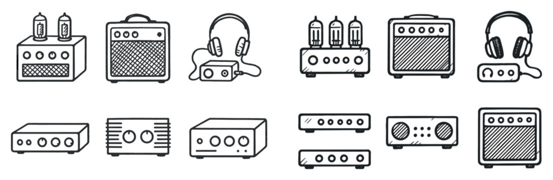 Audio icons with amp headphones tube outline