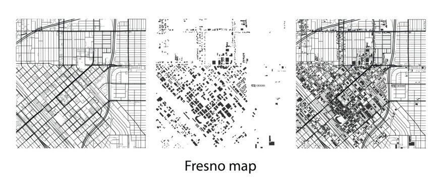 Fresno California City Map Vector Illustration | Minimalist Urban Street Plan and Building Footprint Silhouette Set for Modern Graphic Design and GIS Layouts