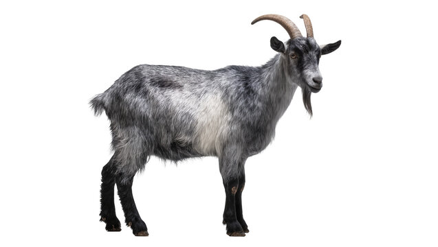 Gray patterned male goat with curved horns standing sideways