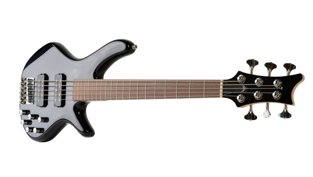 Black six-string electric bass guitar with silver hardware