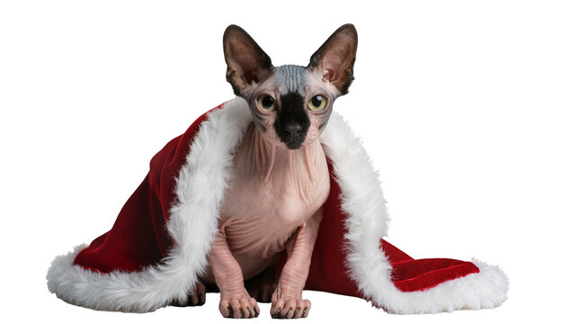 Hairless Sphynx Cat Wearing Festive Red Velvet Cape