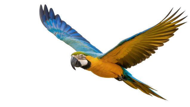 Blue and gold macaw parrot flying with extended wings