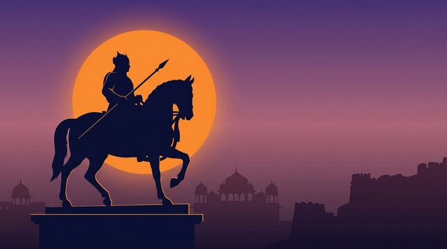 Silhouette of an indian warrior on horseback with a spear against a large sunset sun and ancient maharana pratap