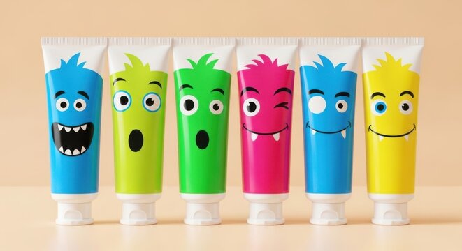 Colorful monster toothpaste tubes with funny faces on wooden background