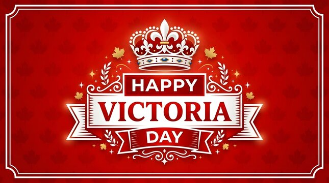 Victoria day canadian holiday greeting with crown and maple leaf pattern
