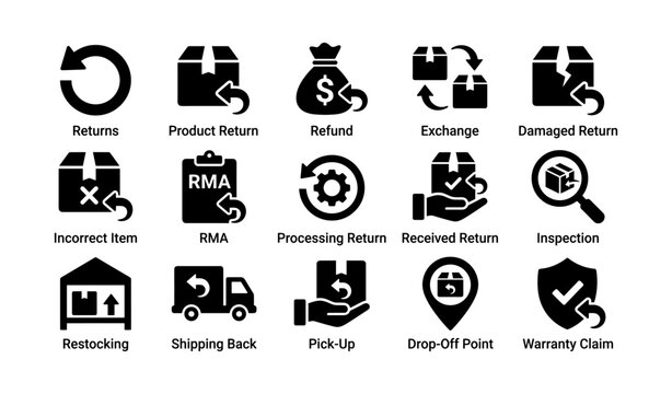Returns icons for reverse logistics and inspection on white background