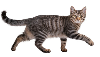 Fototapeta premium Gray tabby cat walking with focused gaze and long tail