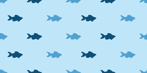 Minimalist marine background featuring dark and light blue fish shapes. Simple nautical seamless pattern for summer swimwear, boys clothing, fabric design and coastal wallpapers. © Alena