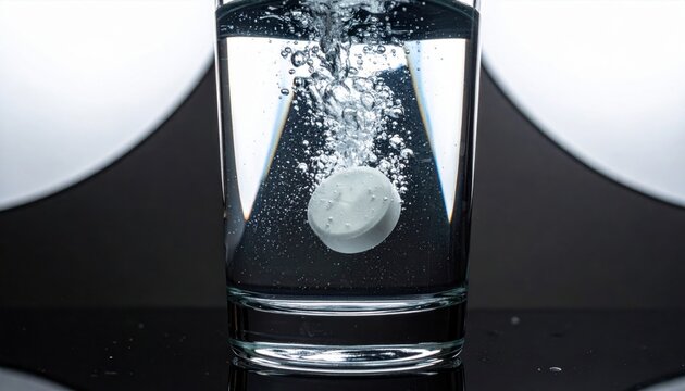 Macro view of a dissolving white effervescent tablet in a glass of water, showing energetic bubbles and fizzing action for medicinal or health care conceptual photography in a wide format.