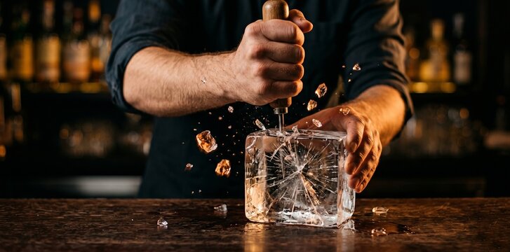 Bartender crushing ice with muddler while preparing cocktail