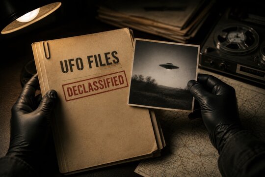 Declassified UFO investigation files and unidentified flying object photograph on secret research desk