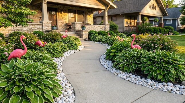 Beautifully manicured residential front yard featuring lush green hostas, decorative white river rock borders, and vibrant pink flamingos.