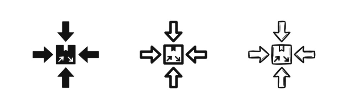 Logistics package assembly point icon set. Shipping box with inward arrows symbol in flat, line and sketch styles.
