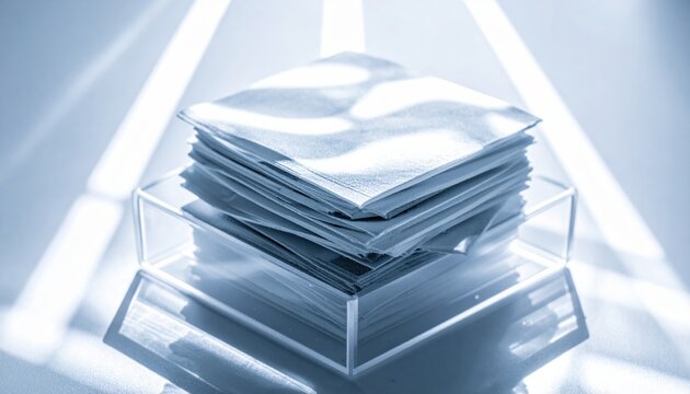 A stacked collection of glass microscope slides with frosted ends, organized neatly within a clear plastic storage container on a bright reflective surface, captured in a widescreen cinematic shot.