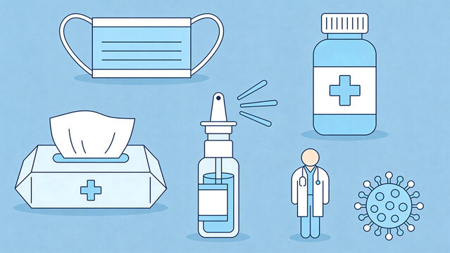 Illustration of allergy-related medical items: face mask, nasal spray, tissues, a doctor's figure, and virus representation. Perfect for healthcare themes and allergy awareness.