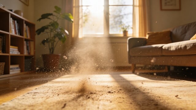 Dirt particles floating in sunlight in a cozy living room. This image illustrates indoor allergens, seasonal allergies, and the importance of cleanliness.