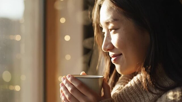Young Asian woman enjoying warm drink by window at home