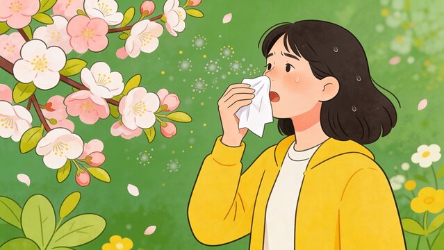 A young girl sneezing due to seasonal allergies in a blooming garden, surrounded by cherry blossoms and greenery, representing the struggle with allergies in spring.
