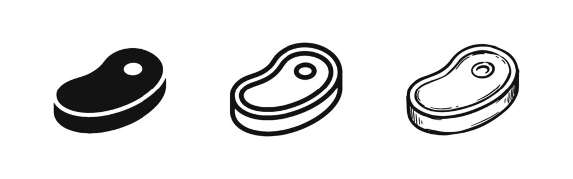 Meat steak fillet icon set. Raw beef or pork cooking ingredient symbol in flat, line and sketch styles.