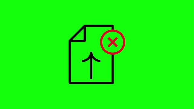 Animated file upload icon with a cross symbol on green screen, indicating upload failure.