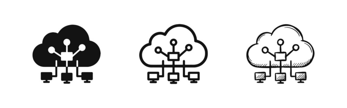 Cloud computing network icon set. Global server infrastructure symbol in flat, line and sketch styles.