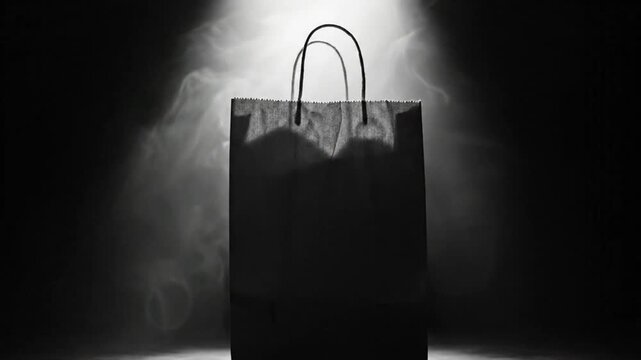 Mysterious Black Paper Bag Center Stage Against a Smoky Dark Dramatic Background