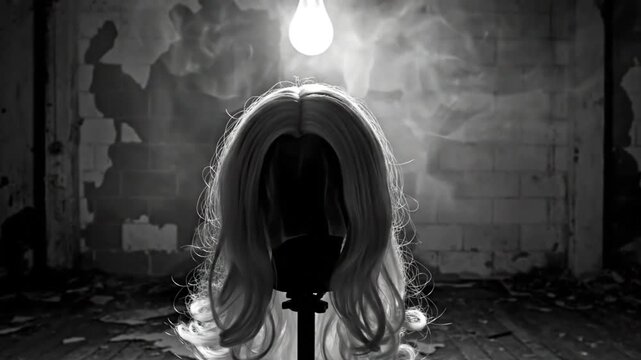 Black and white shot of a wig on a mannequin head under a bright light in a spooky abandoned room with smoke
