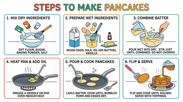 Educational infographic illustration showing six simple sequential steps to prepare delicious homemade pancakes for a healthy morning family breakfast meal