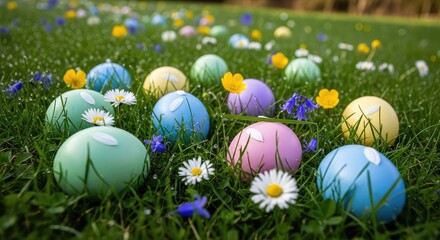 Fototapeta premium Colorful Easter eggs in green grass.