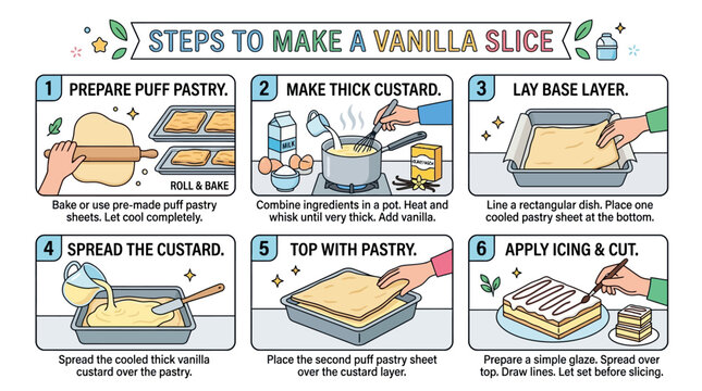 This informative infographic illustration displays six numbered steps to guide a home cook through baking a delicious vanilla slice dessert