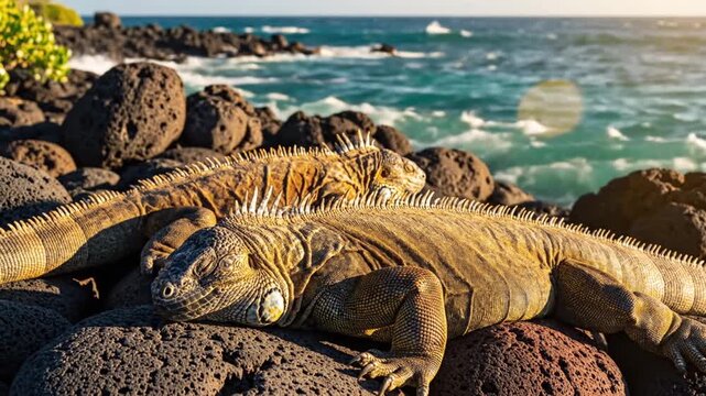 Two marine iguanas resting on volcanic rocks near the ocean, with sunlight glistening on the water during daytime