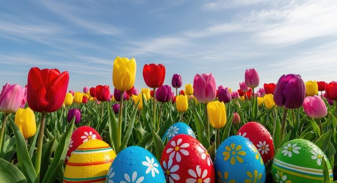 Colorful Easter eggs in tulip field.