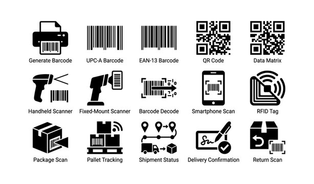Barcode and scanning icons displaying codes and scanner types